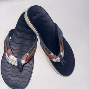 Sperry Women's Seafish Leather‎ Flip Flop Sandals Blue Plaid Nautical Shoes Sz 7